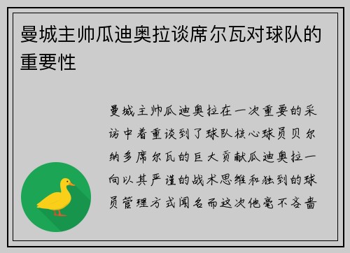 曼城主帅瓜迪奥拉谈席尔瓦对球队的重要性